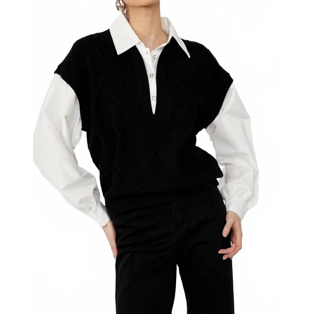 NEW FRANK LYMAN v-neck diamond puff sleeve top in black/off white